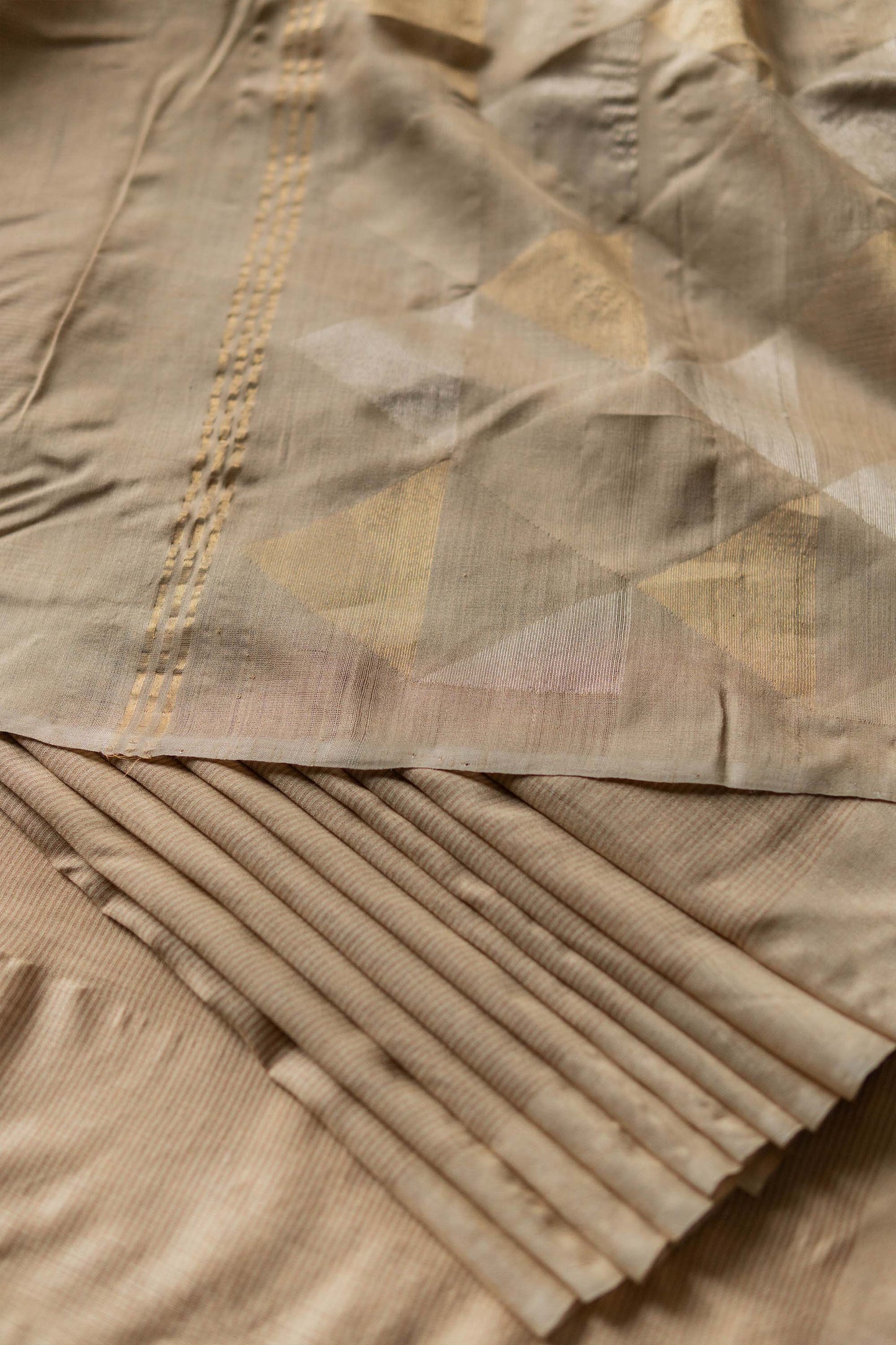 Light Gold Cotton with Tussar Plain Border Stripes Body Saree