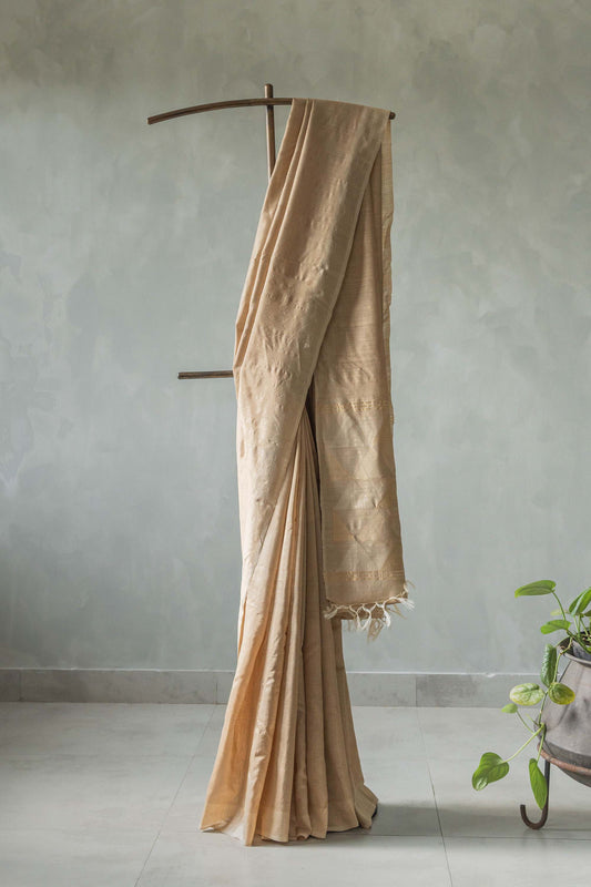 Light Gold Cotton with Tussar Plain Border Stripes Body Saree