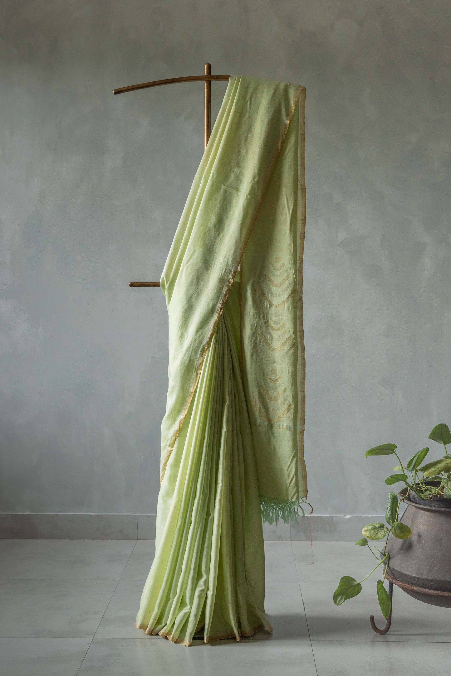 Light Green Cotton and Tussar with Plain Body Bengal Pallu Saree