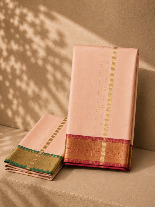 Blush Peach Mangalagiri Silk Cotton Veshti Set with green and Royal Blue Border with Gold Zari Border