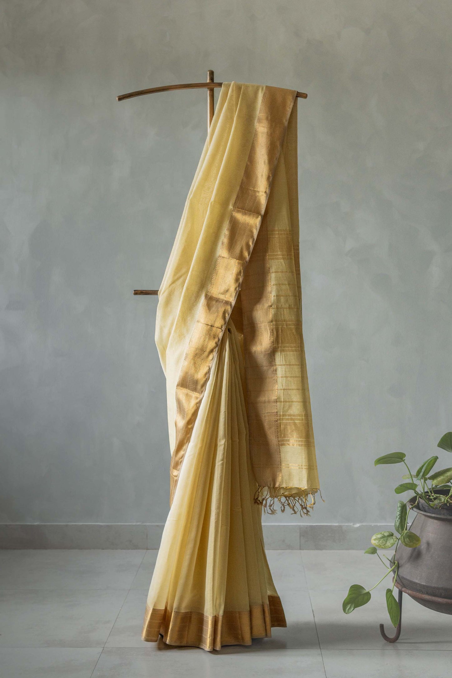 Lemon Yellow Silk Tissue with Dobby Border Saree