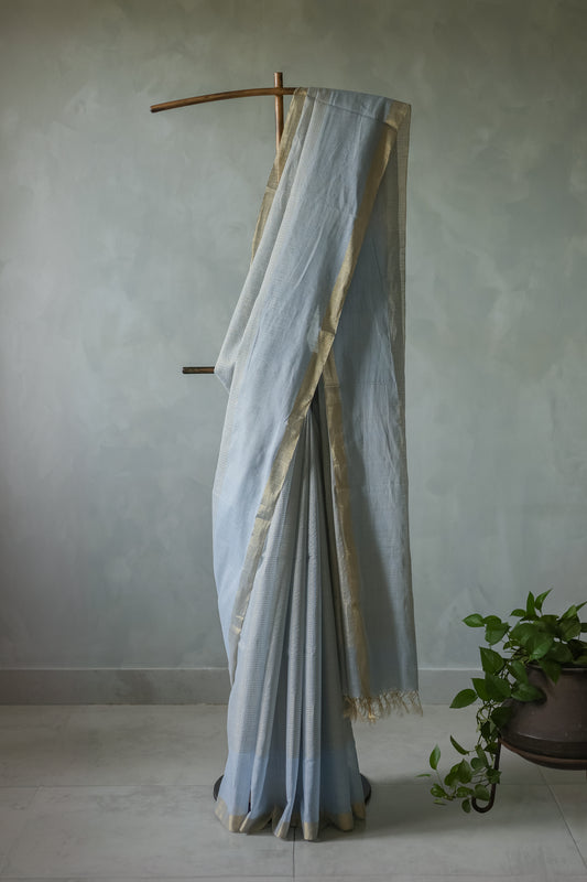 Powder Blue Khadi Plain Border Zari Checked Body Saree