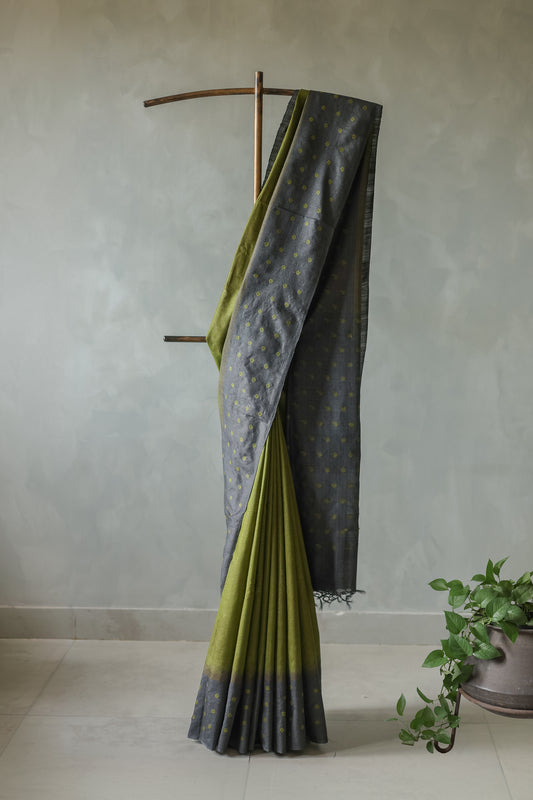 Green and Dark Blue Border Tussar Moonga with Flower Motif Saree