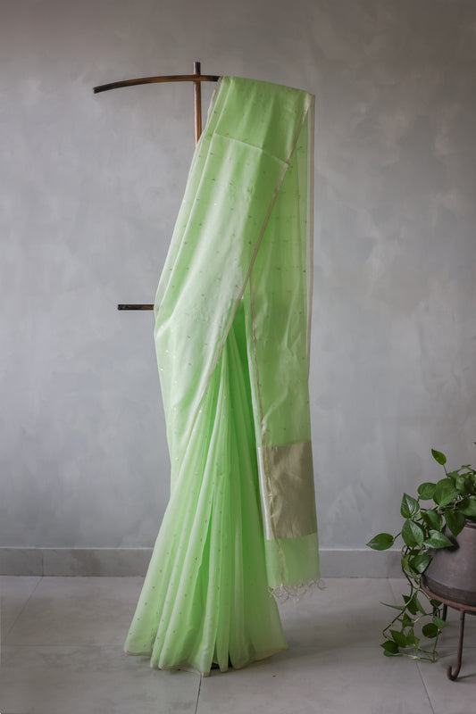 Pista Green Silk Cotton All Over Small Triangle Motif Saree