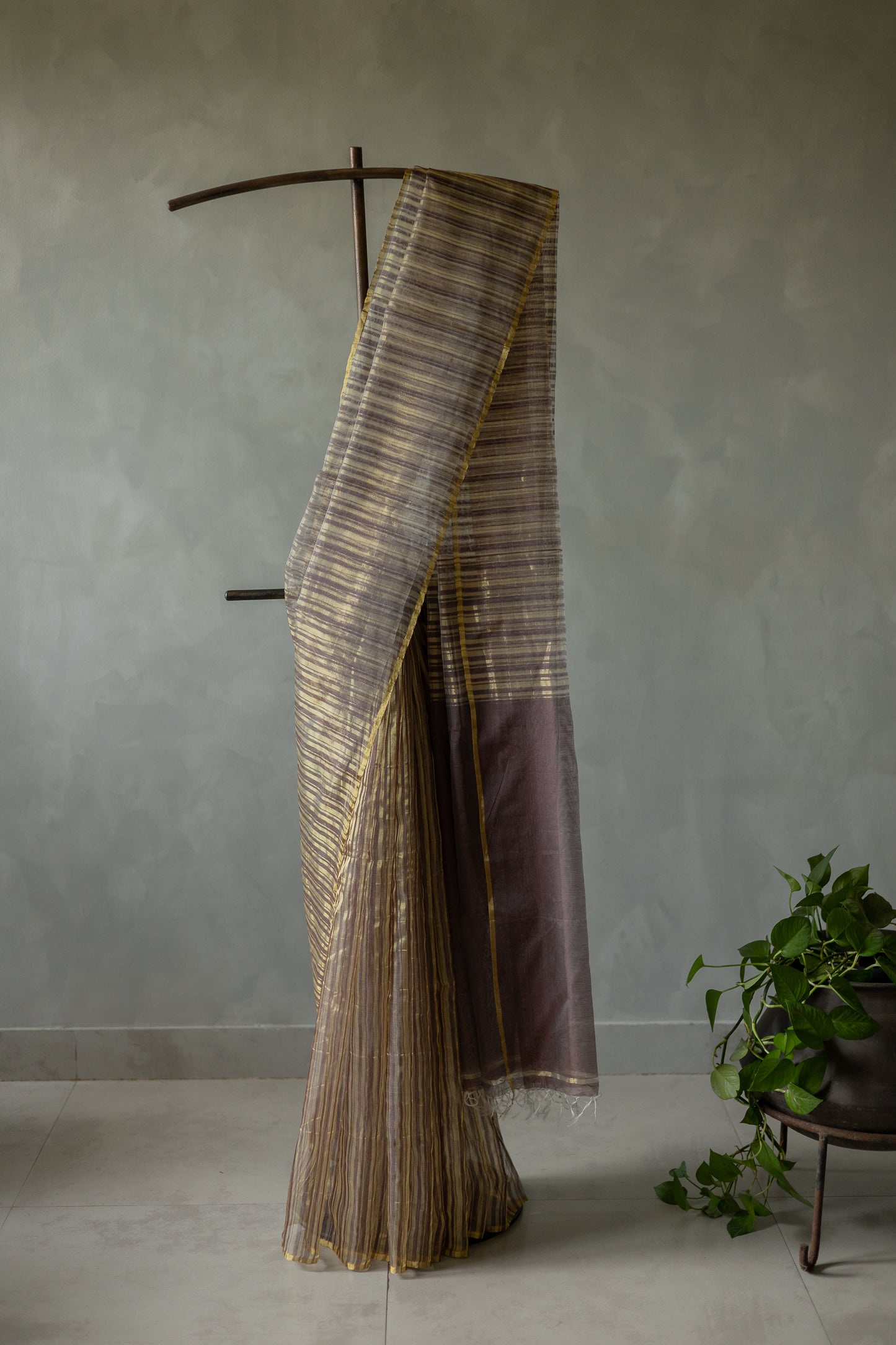 Brown and Gold Silk Cotton All Over Gold Tissue Random Striped Saree