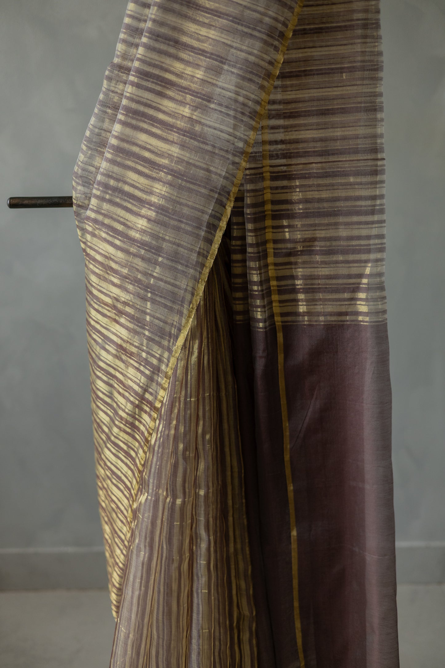 Brown and Gold Silk Cotton All Over Gold Tissue Random Striped Saree