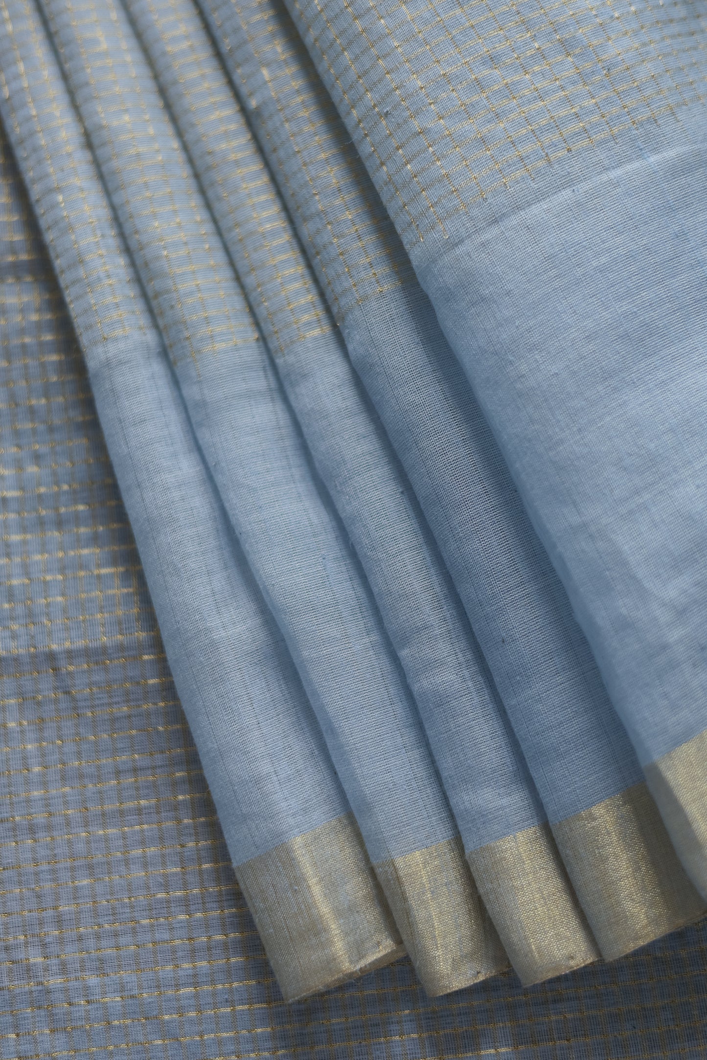 Powder Blue Khadi Plain Border Zari Checked Body Saree