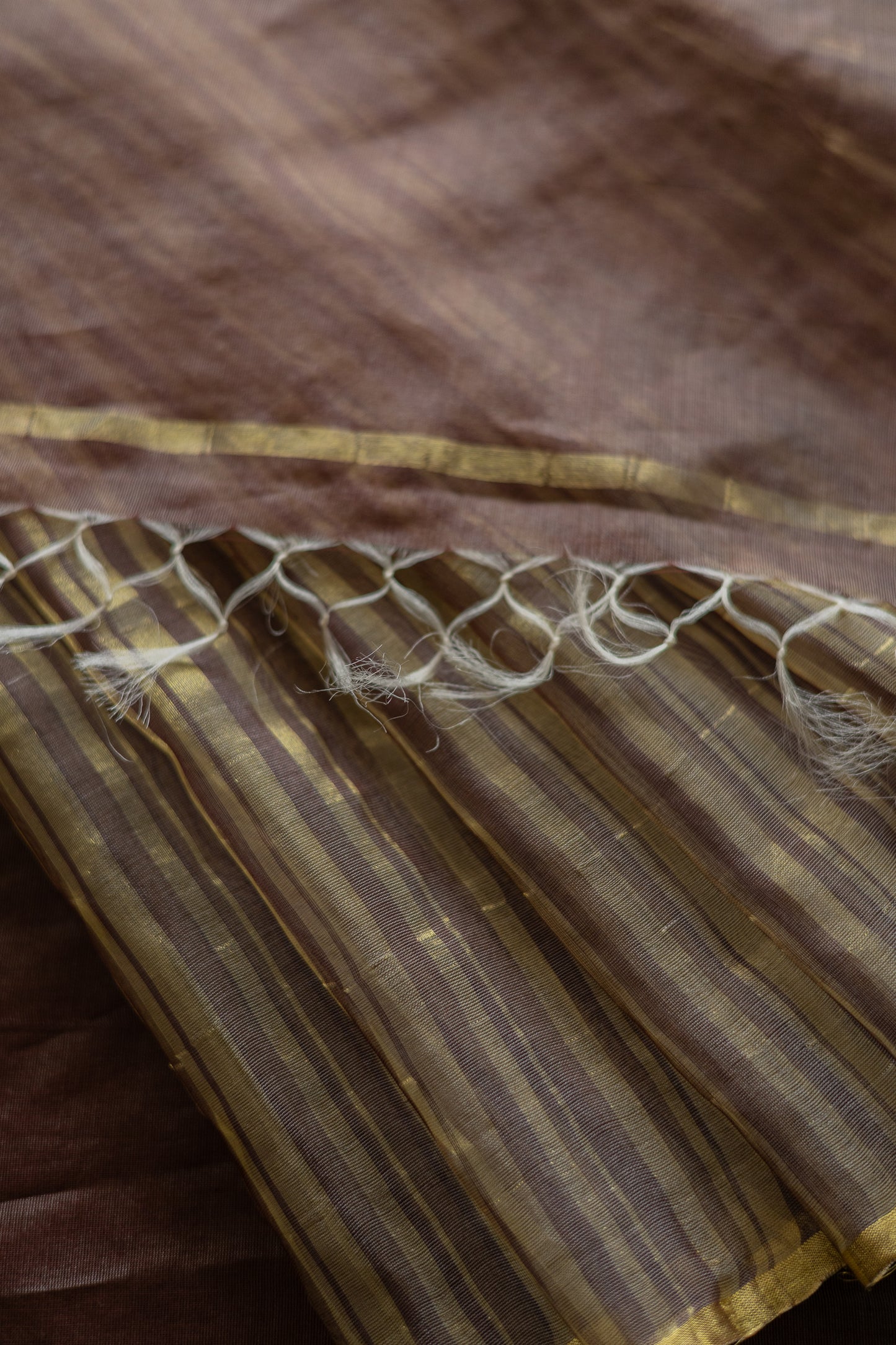 Brown and Gold Silk Cotton All Over Gold Tissue Random Striped Saree