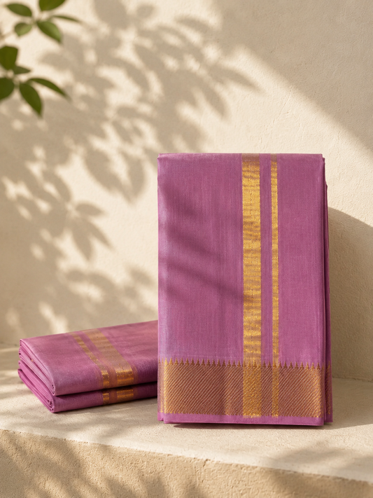 Dusty Pink Mangalagiri Silk Cotton Veshti Set with Gold Zari Border