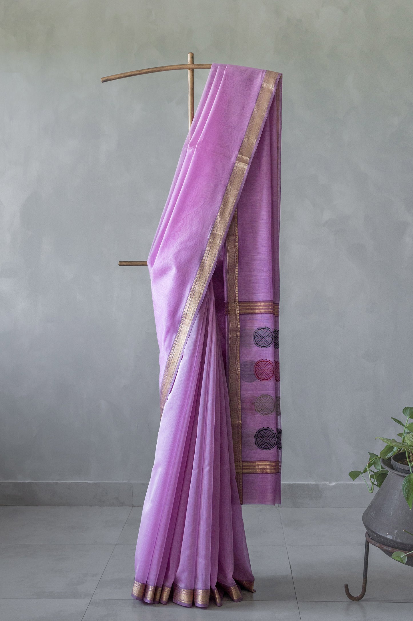 Light Violet Silk and Mercerised Cotton with Plain Body and Zari Border