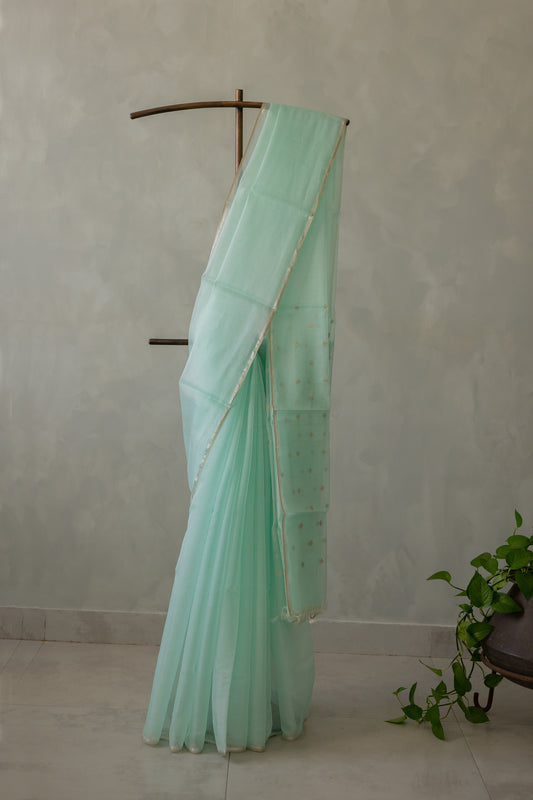 Mint Green Silk Cotton Plain Body with Silver Motif Saree