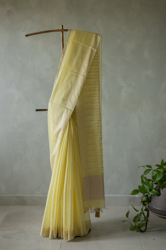 Lemon Yellow Silk Cotton Tissue Doby Border Khapa Line Pallu Saree