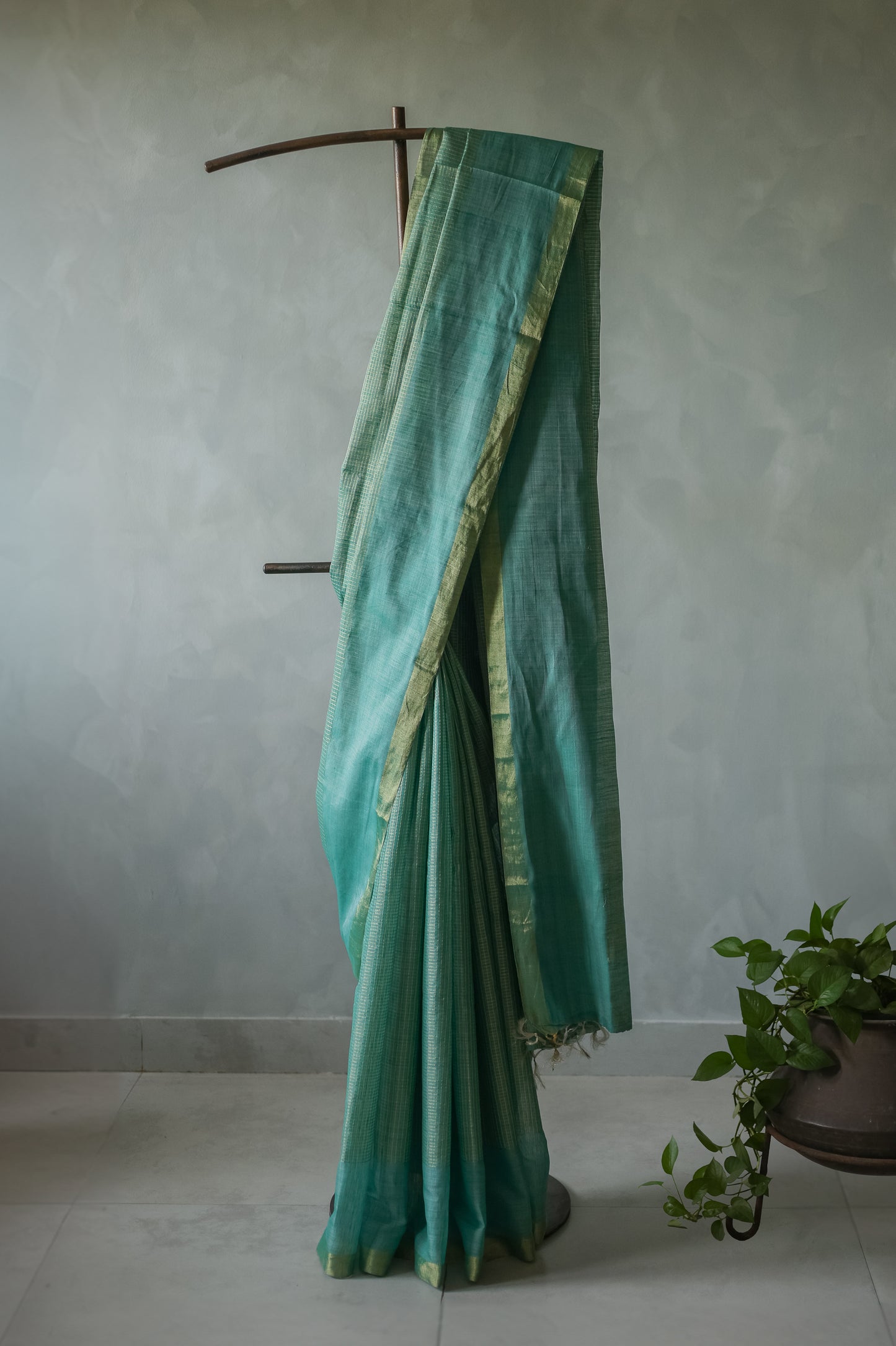 Green Khadi Plain Border Zari Checked Body Saree