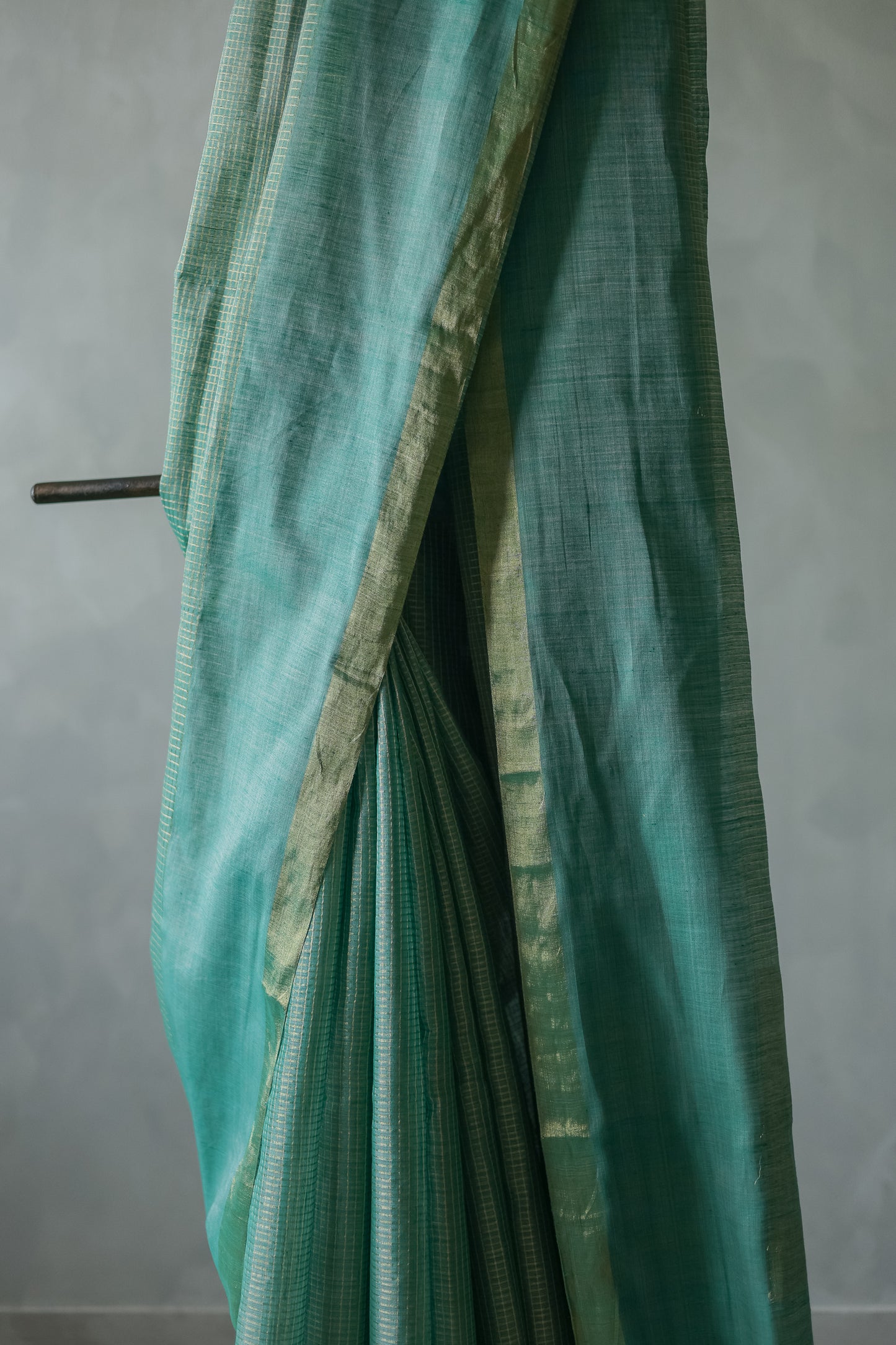 Green Khadi Plain Border Zari Checked Body Saree