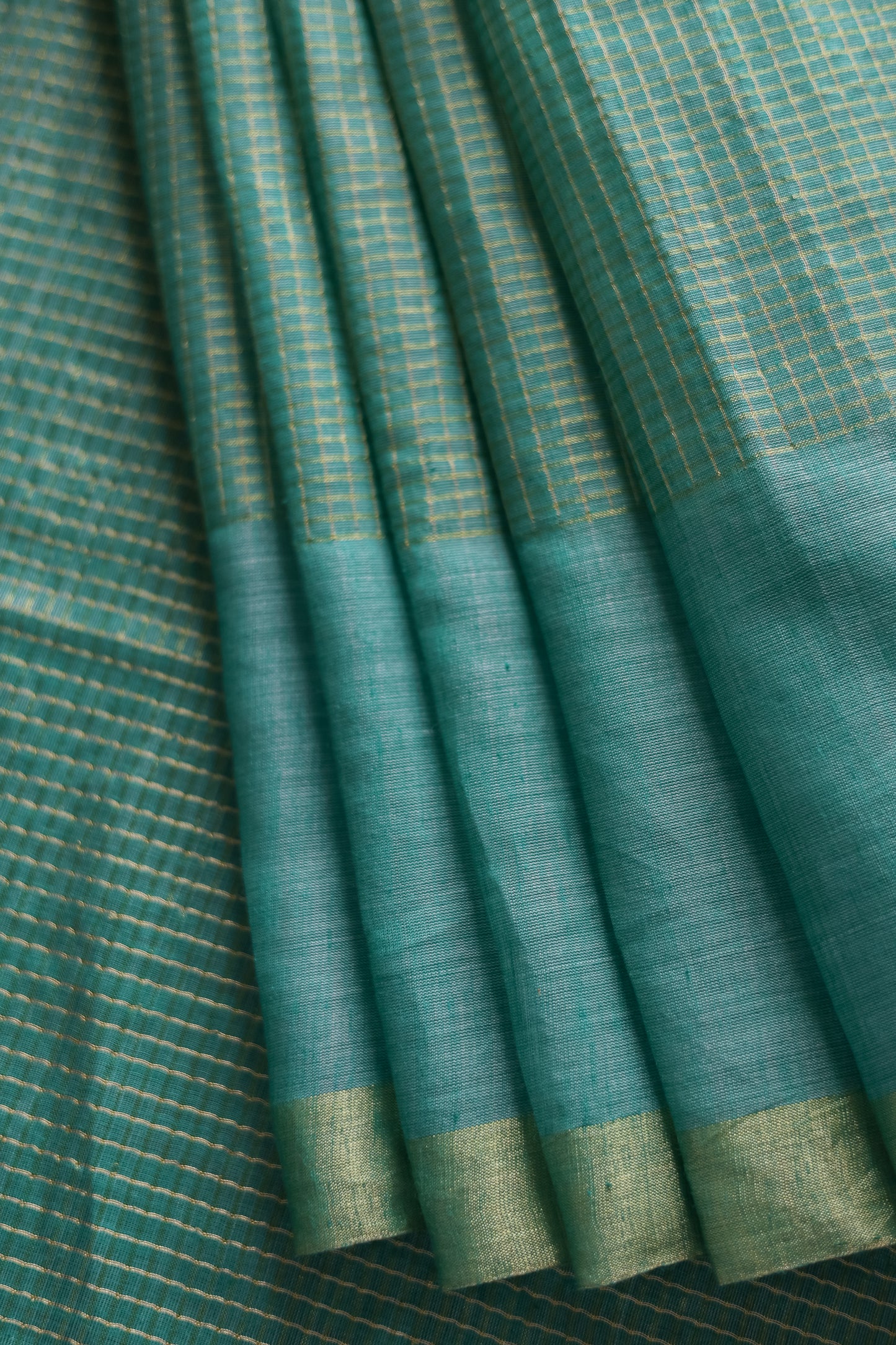 Green Khadi Plain Border Zari Checked Body Saree