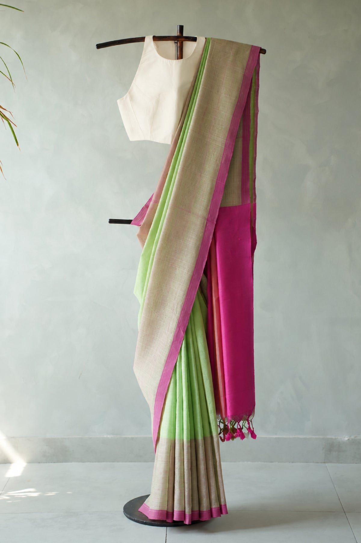 Lime Green with Beige & Rani Pink Border Mangalagiri Silk Cotton Saree