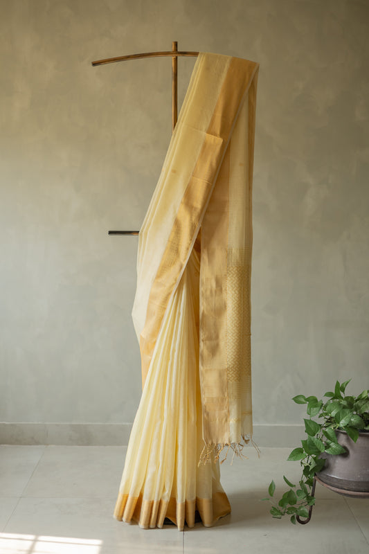 Light Yellow Silk Cotton with Gold Motif and Border Saree