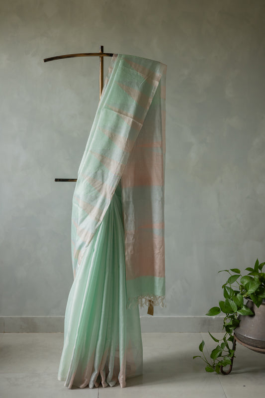 Sea Green Silk Cotton Tissue Big Temple Border Saree