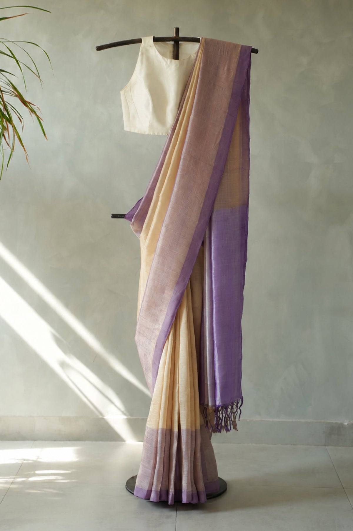 Soft Butter Yellow with Lavender Border Mangalagiri Silk Cotton Saree