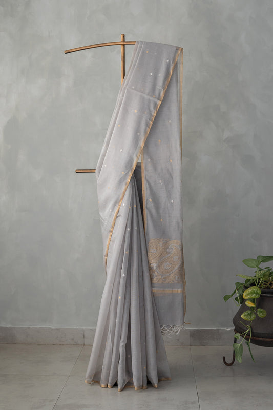 Grey Silk Cotton  Autum Leaf Motif Saree