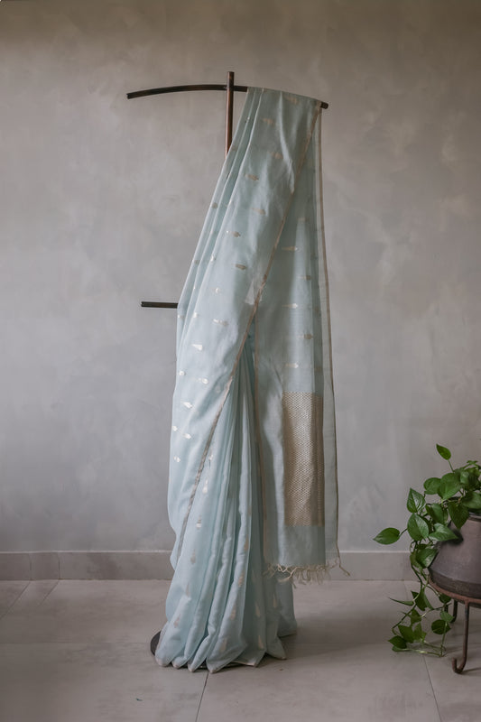 Light Blue Silk Cotton All Over Spade Motif Saree