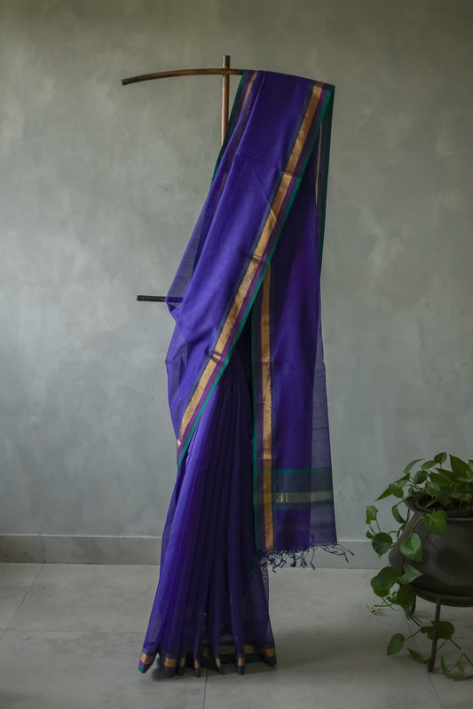 Violet Maheshwari Silk Cotton with Green Border Saree