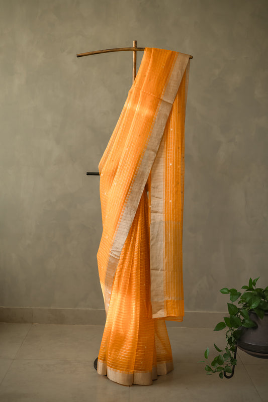 Orange Silk Cotton Over All Silver Checks with Round Motif Saree