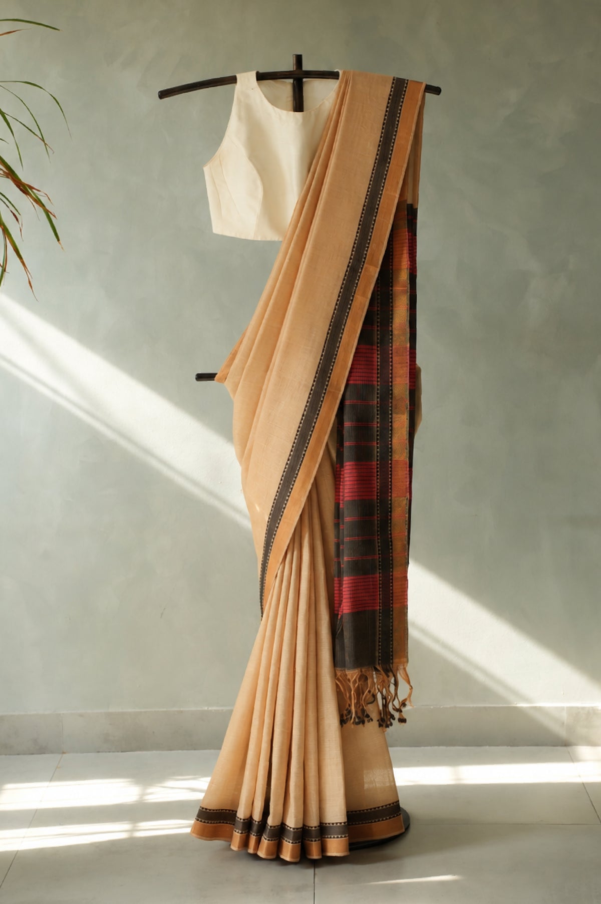 Sand Beige with Black Border Mangalagiri Silk Cotton Saree