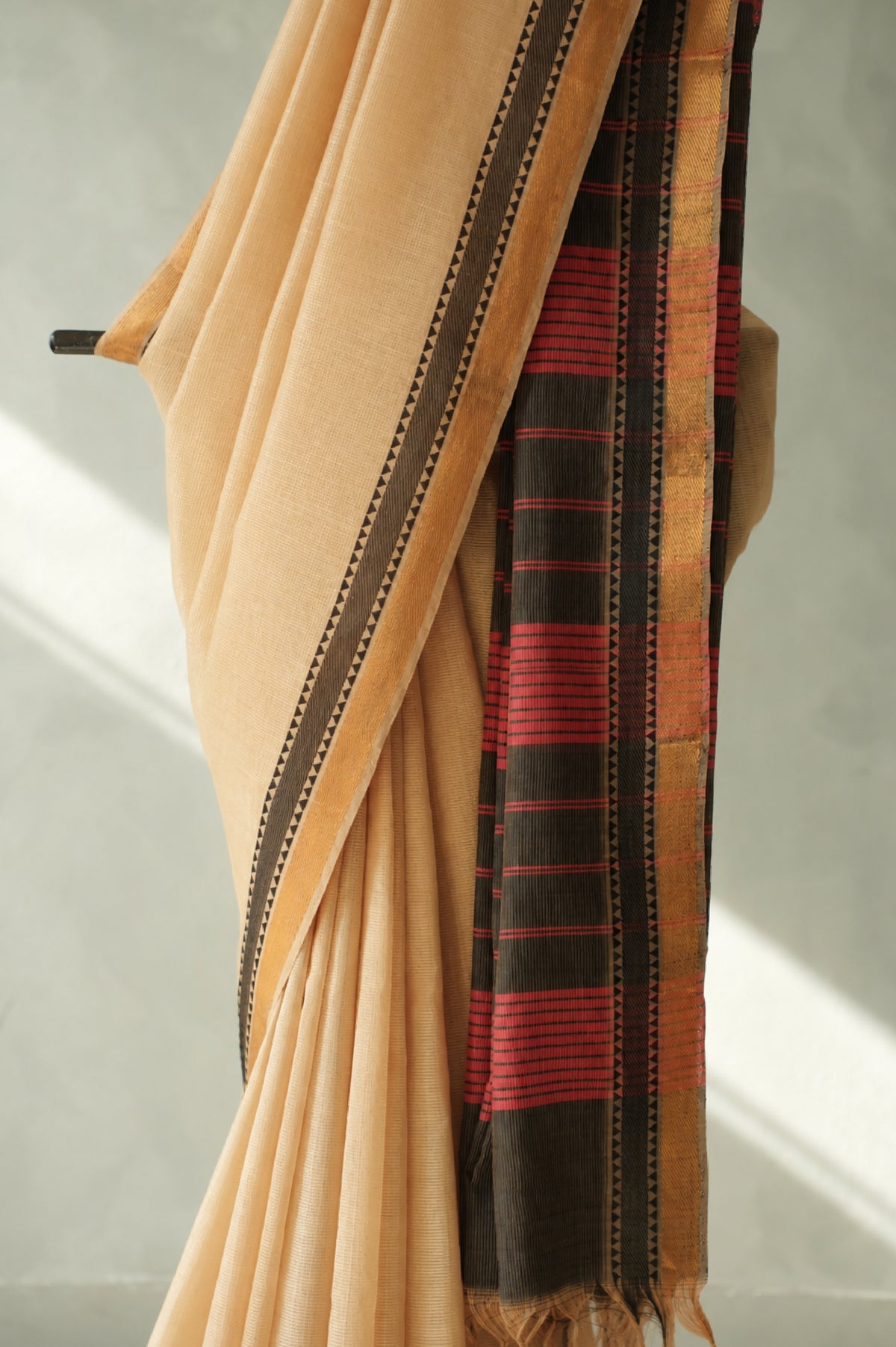 Sand Beige with Black Border Mangalagiri Silk Cotton Saree