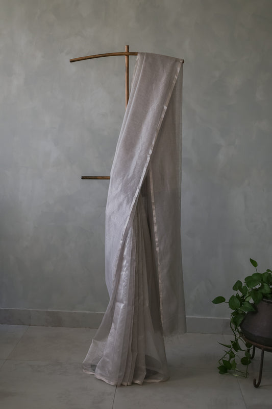 Grey Silk Cotton All Over Silver Pin Striped Saree