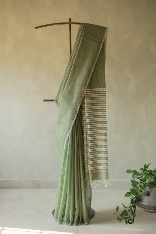 Olive Green Silk Cotton with All Over Silver Small Checks and Striped Pallu Saree