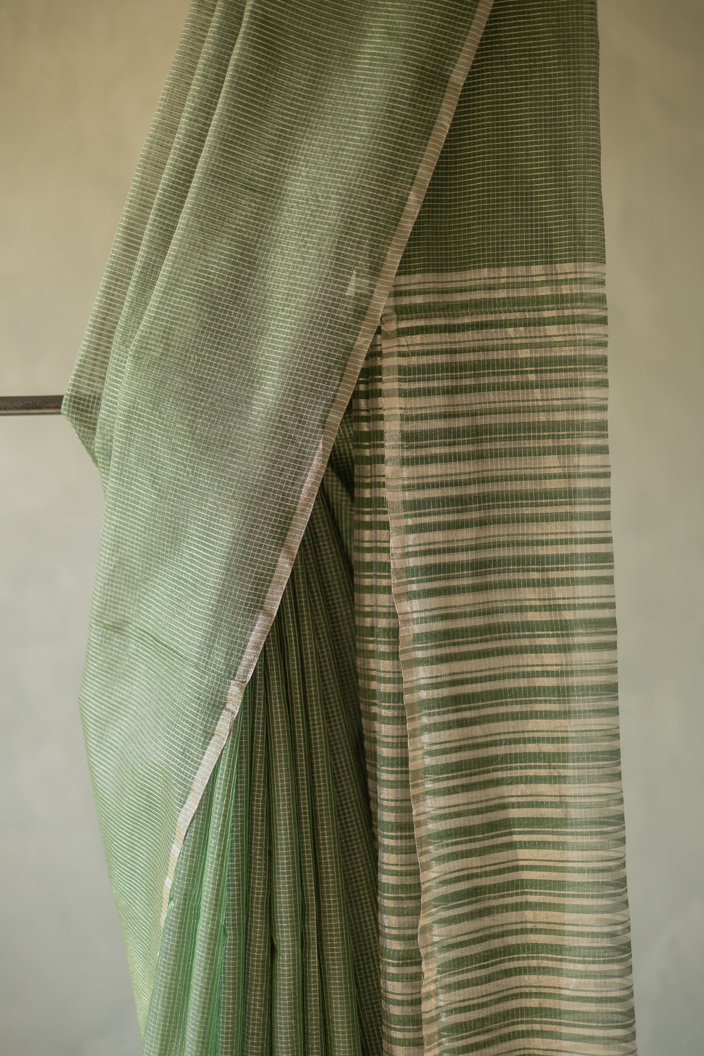 Olive Green Silk Cotton with All Over Silver Small Checks and Striped Pallu Saree