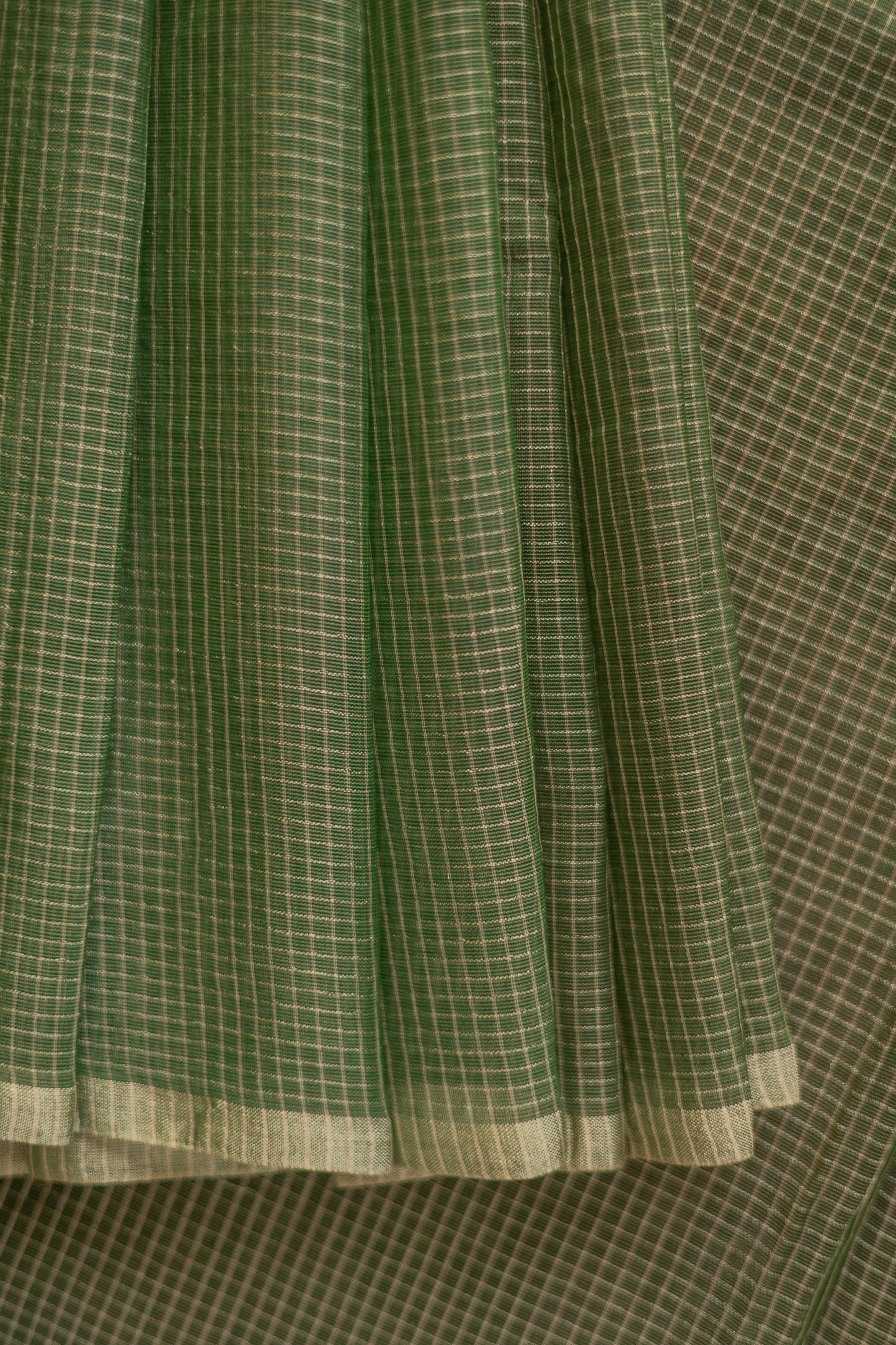 Olive Green Silk Cotton with All Over Silver Small Checks and Striped Pallu Saree
