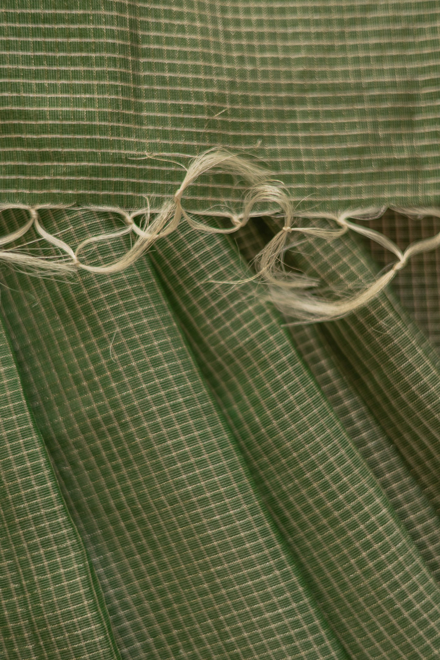 Olive Green Silk Cotton with All Over Silver Small Checks and Striped Pallu Saree