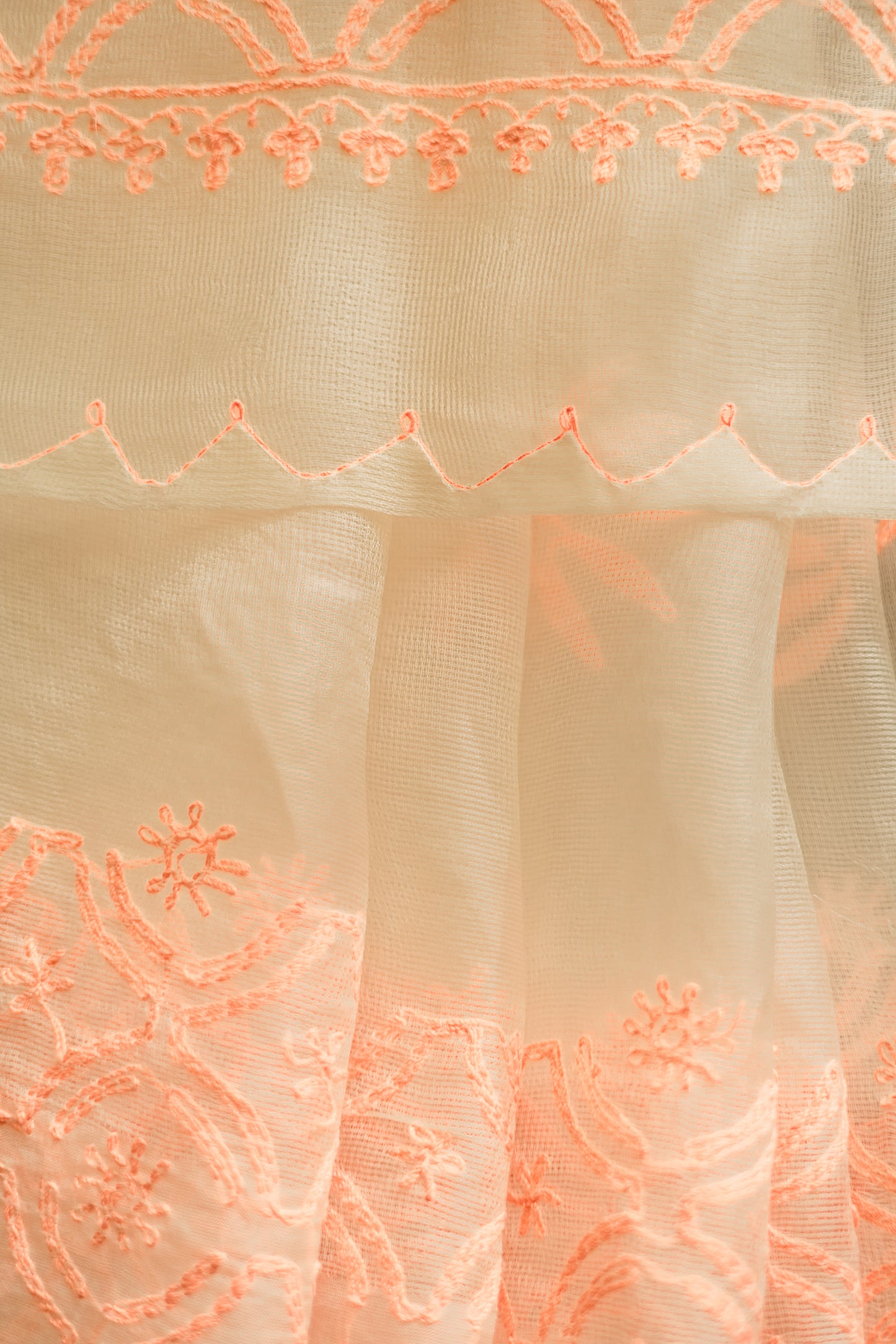 Off White Leno Cotton with Pink Thread Embroidery Saree