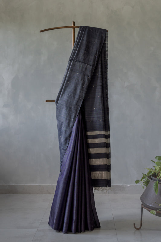 Dark Blue Silk and Mercerised  Cotton  with Silver Tikli Motif