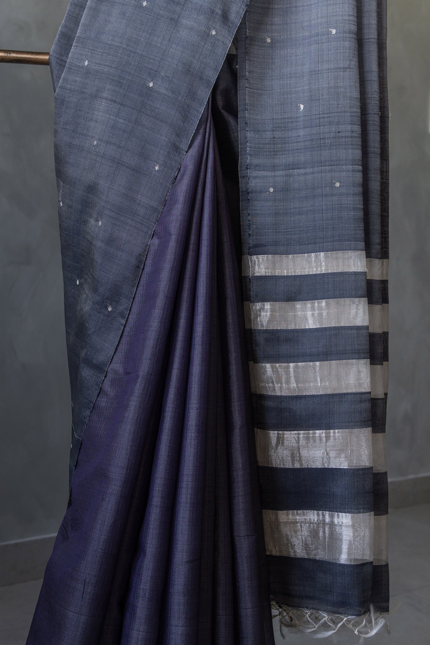 Dark Blue Silk and Mercerised  Cotton  with Silver Tikli Motif