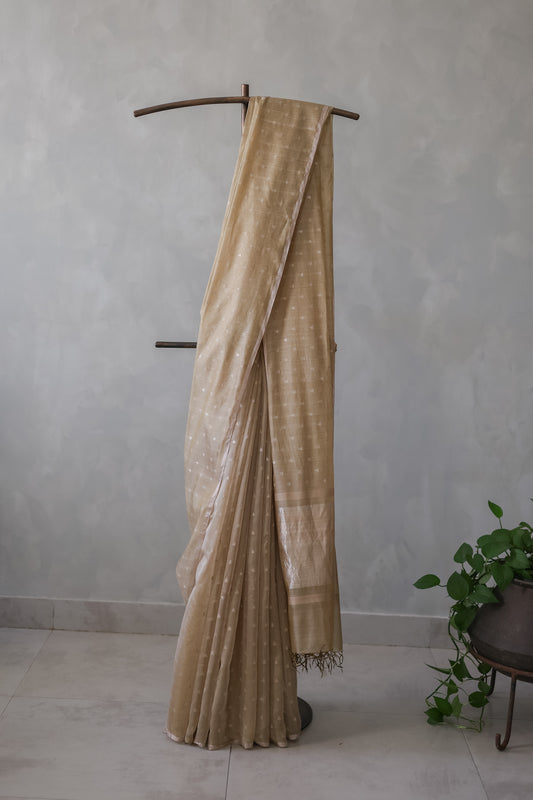 Light Brown Silk Cotton All Over Silver Raindrop Motif Saree