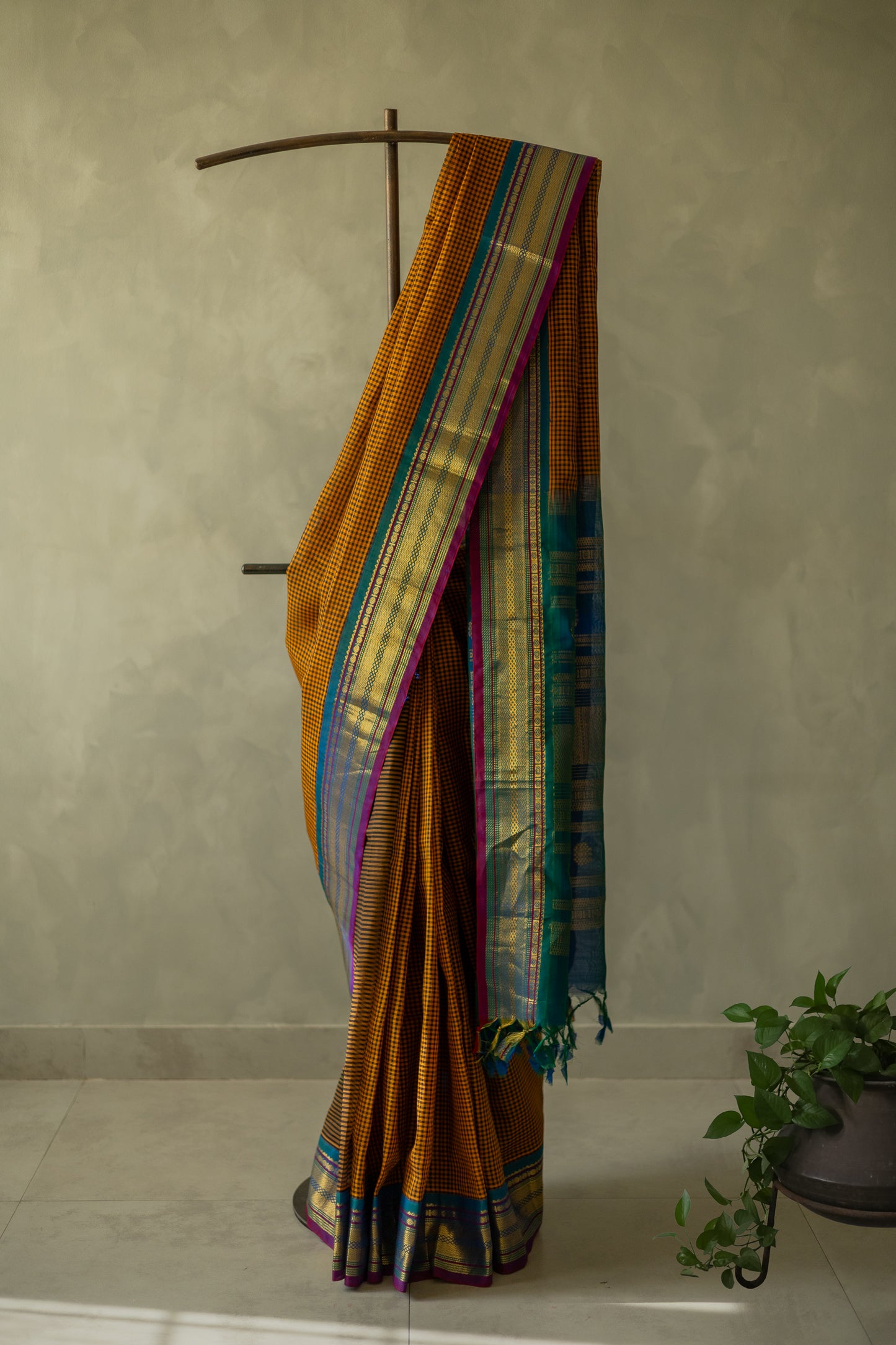 Mustard and Black Silk Cotton All Over Small Checks with Big Border Saree