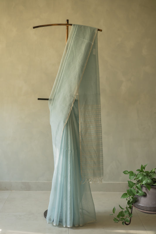 Light Blue Silk Cotton with All Over Silver Small Checks and Striped Pallu Saree