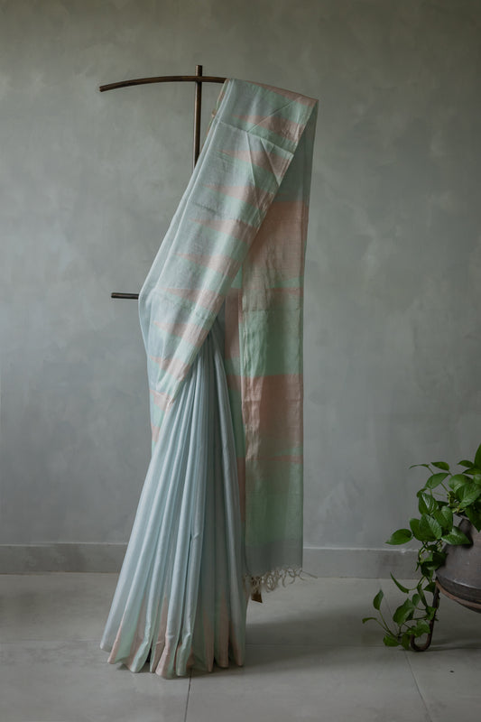 Sea Blue Silk Cotton Tissue Big Temple Border Saree