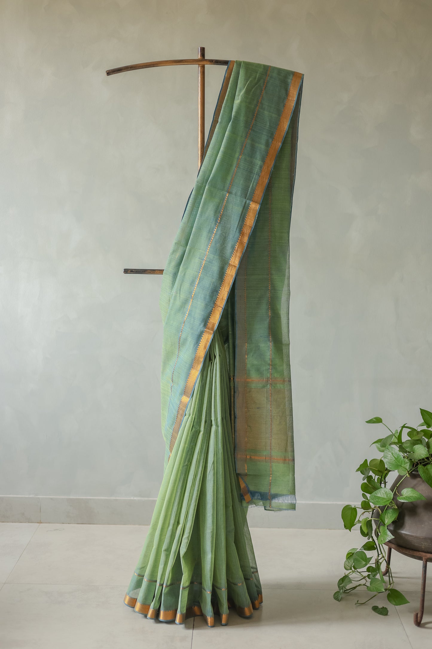 Green with Gold Border  Mangalagiri Cotton Saree