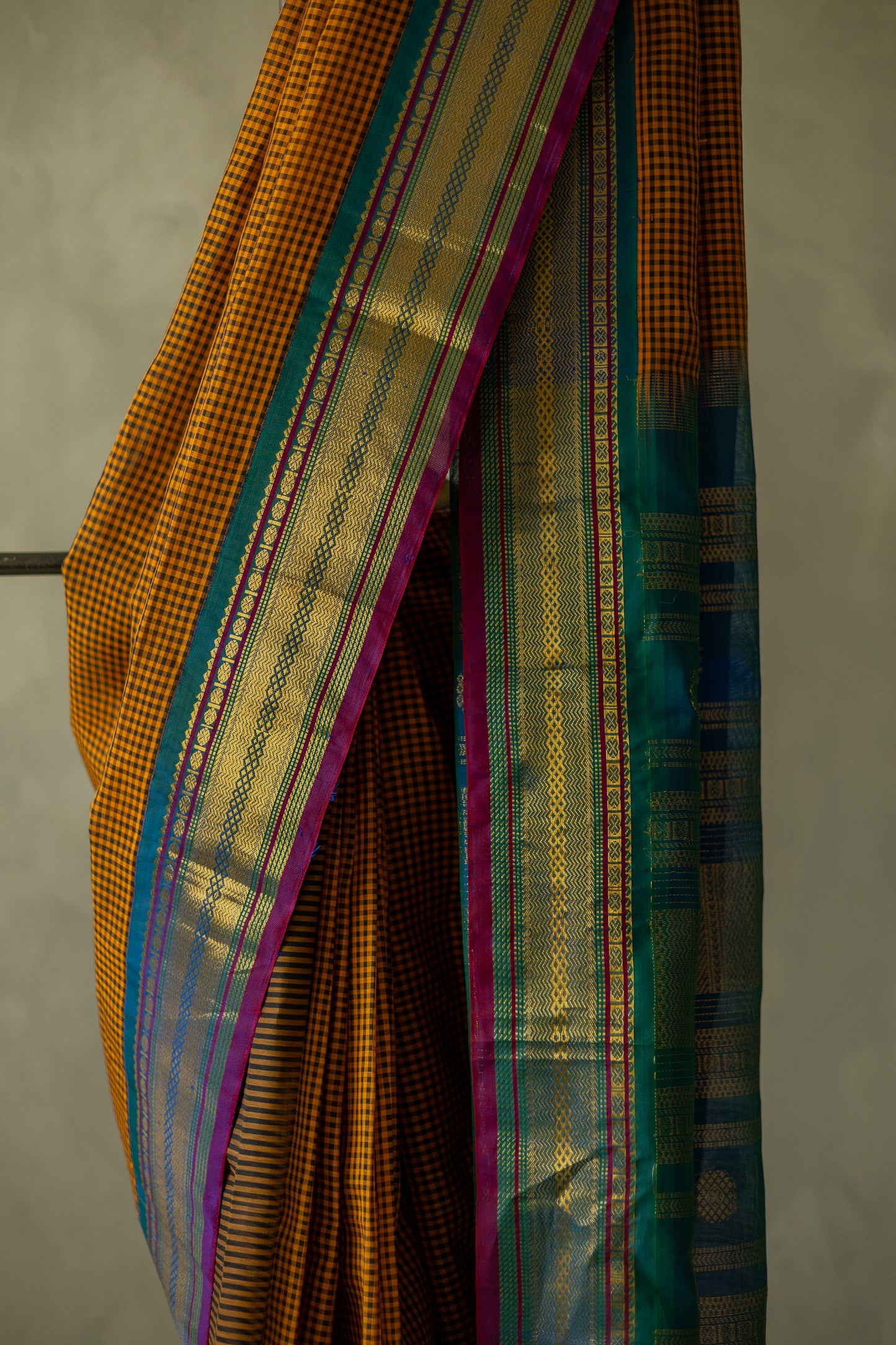 Mustard and Black Silk Cotton All Over Small Checks with Big Border Saree