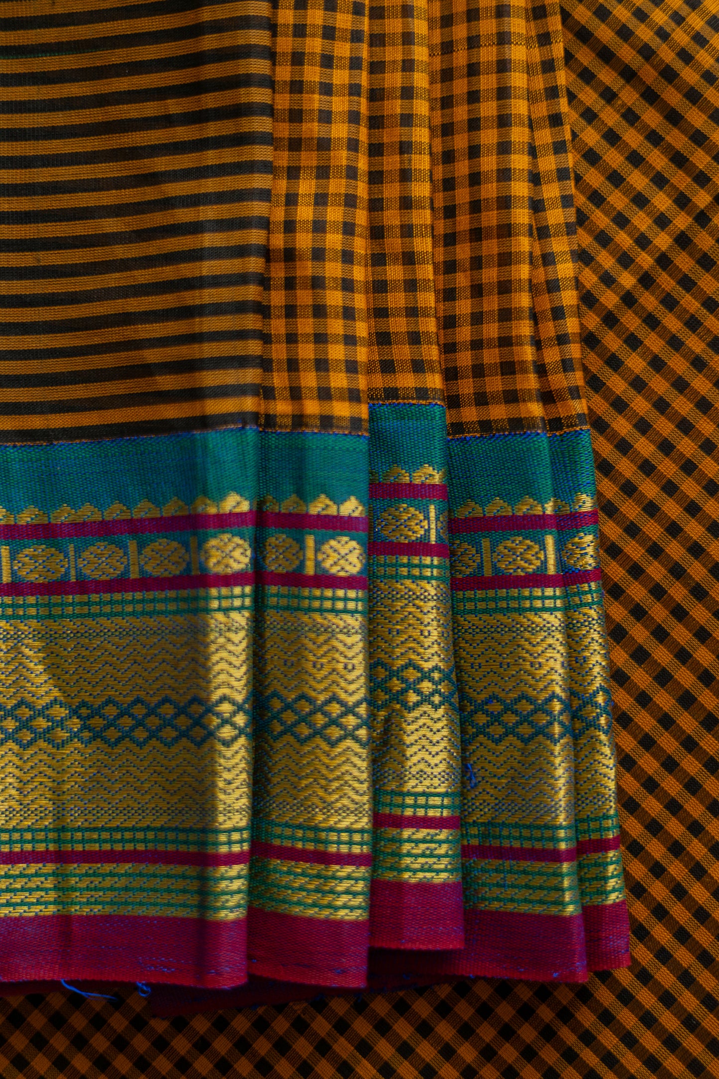 Mustard and Black Silk Cotton All Over Small Checks with Big Border Saree