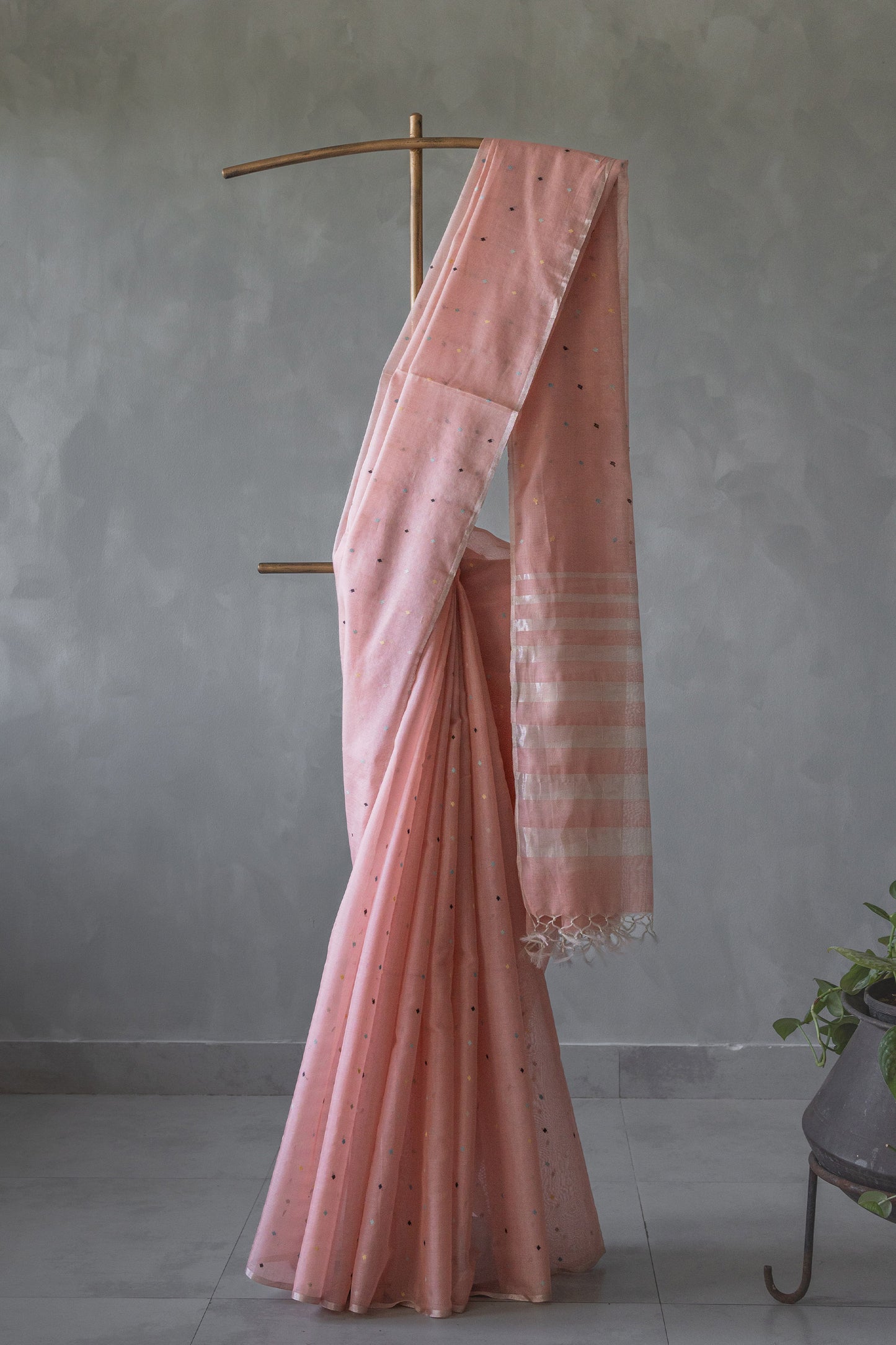 Light Pink Mercerised Cotton and Silk Dot(tikli) Motif Saree