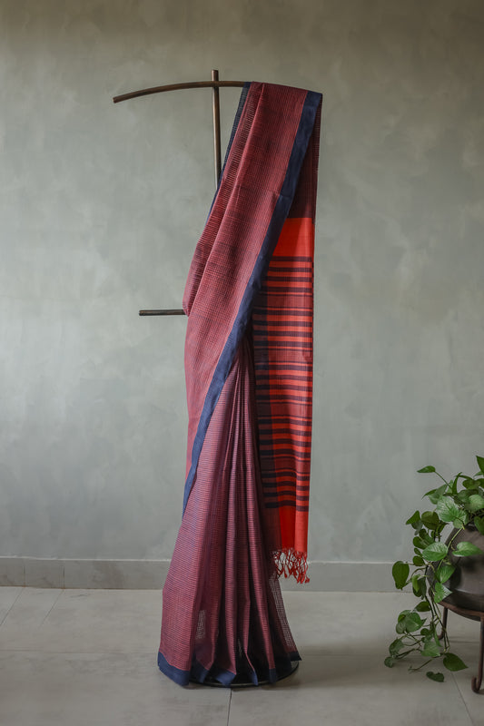 Red with Blue Border Striped Pallu Mangalagiri Cotton Saree