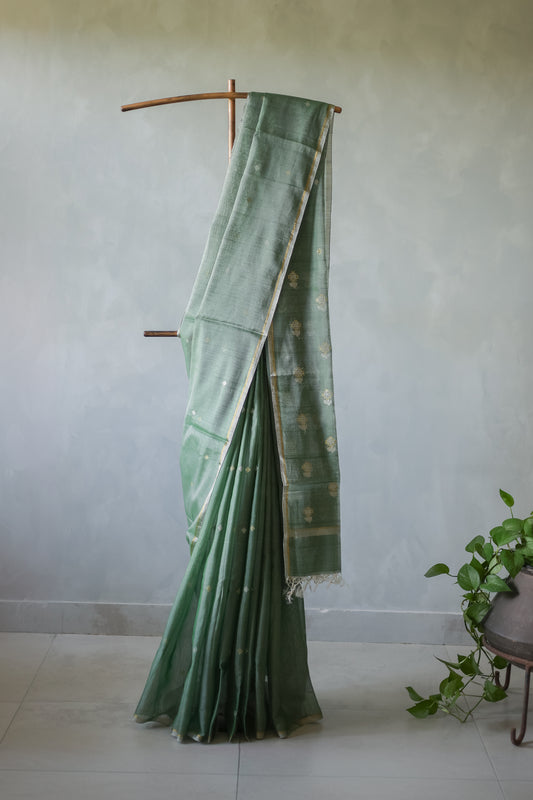 Green Silk Cotton All Over 9 Dots Diamond Motif Saree