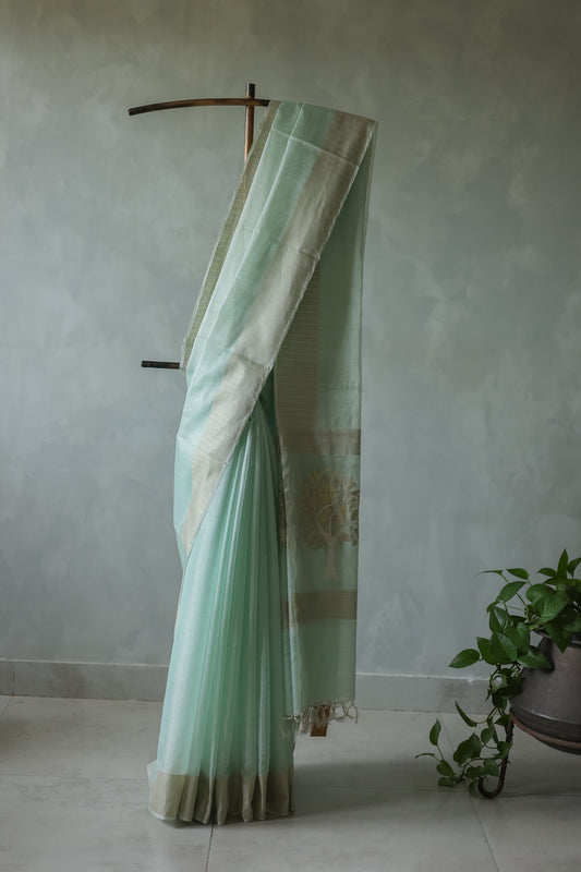 Sea Green Silk Cotton Tissue Zari Line with Hand Embroidered Tree Pallu Saree