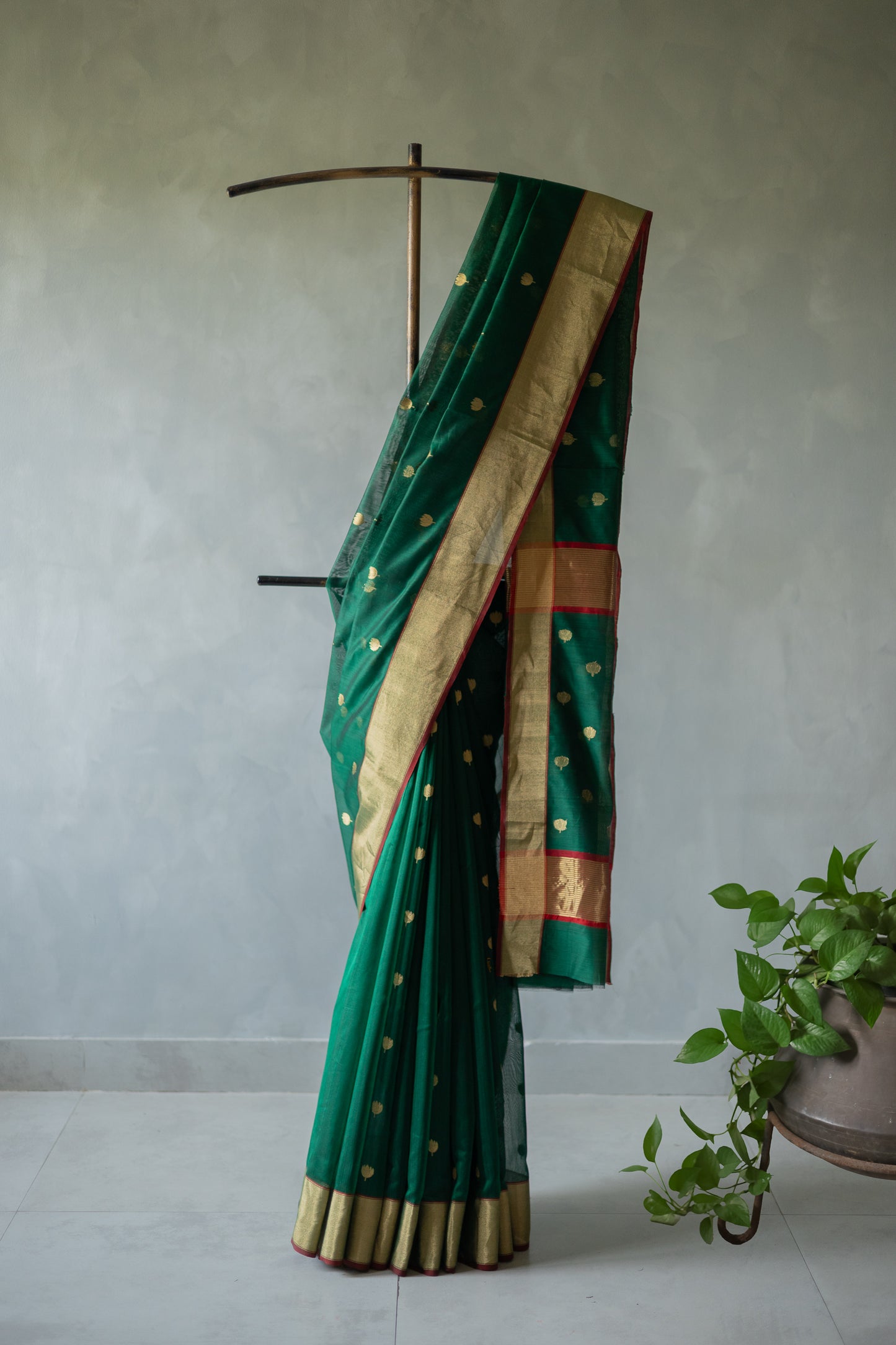 Green Chanderi Silk Cotton with Gold Lotus Motif and Thin Red Border Saree