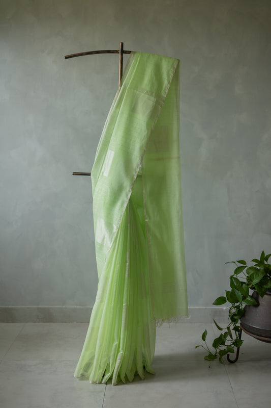 Pista Green Silk Cotton All Over Zari Stripe with All Over Big Boxes Body Saree